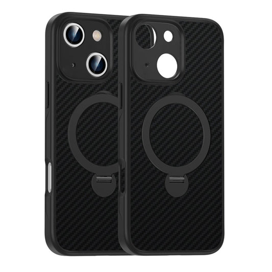 For iPhone 14 Carbon Fiber MagSafe 360 Degree Rotating Holder Phone Case(Black) by buy2fix