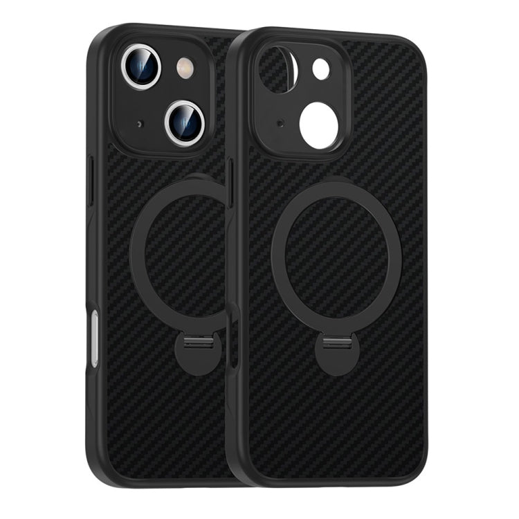 For iPhone 13 Carbon Fiber MagSafe 360 Degree Rotating Holder Phone Case(Black) by buy2fix