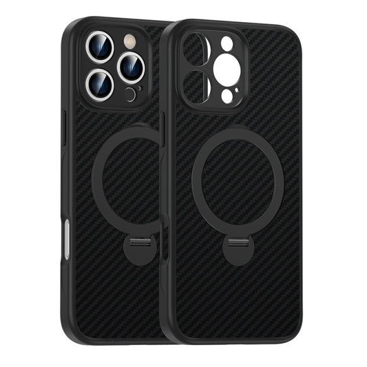 For iPhone 12 Pro Max Carbon Fiber MagSafe 360 Degree Rotating Holder Phone Case(Black) by buy2fix