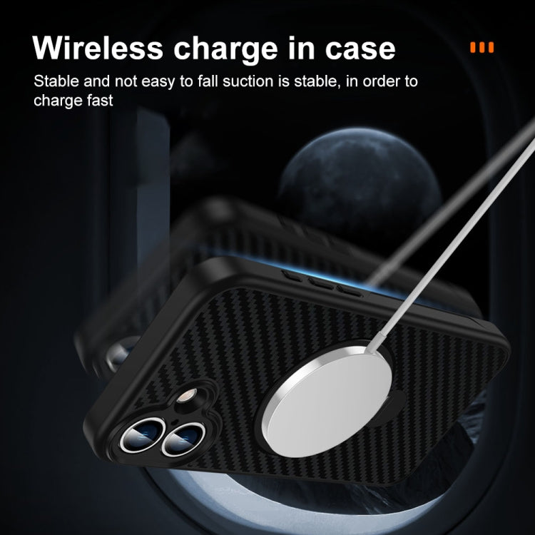For iPhone 14 Carbon Fiber MagSafe 360 Degree Rotating Holder Phone Case(Black) by buy2fix