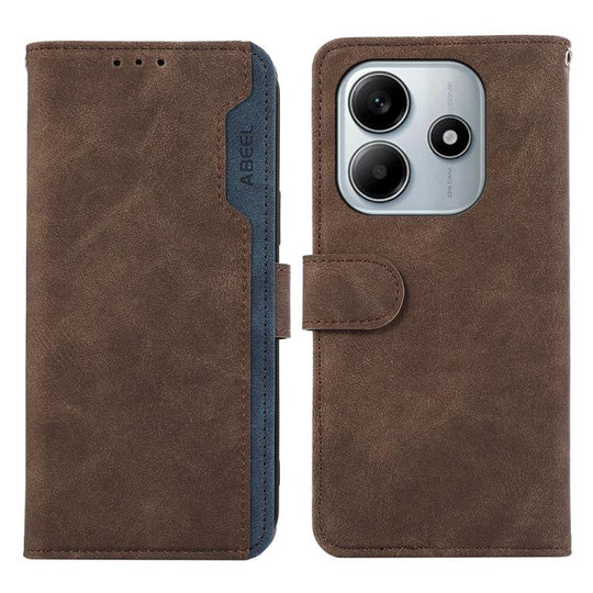 For Redmi Note 14 4G 164.84mm ABEEL Color Block Magnetic RFID Leather Phone Case(Brown-Blue)