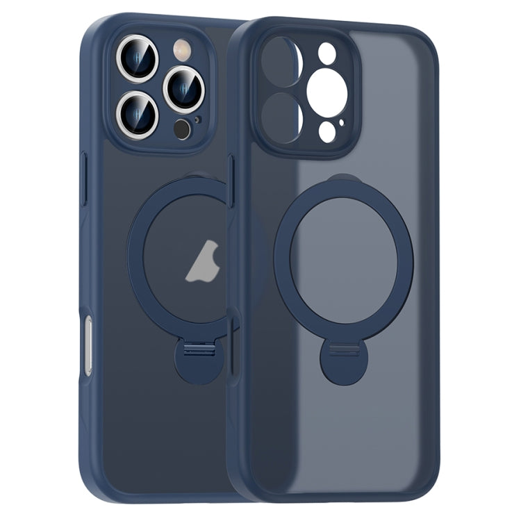 For iPhone 16 Pro Matte Texture 360 Degree Rotary Tone Holder MagSafe Phone Case(Dark Blue) - iPhone 16 Pro Cases by buy2fix | Online Shopping UK | buy2fix