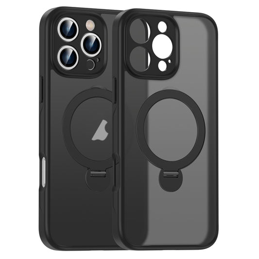 For iPhone 15 Pro Matte Texture 360 Degree Rotary Tone Holder MagSafe Phone Case(Black) - iPhone 15 Pro Cases by buy2fix | Online Shopping UK | buy2fix
