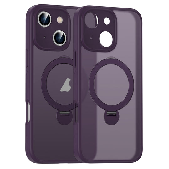 For iPhone 15 Matte Texture 360 Degree Rotary Tone Holder MagSafe Phone Case(Dark Purple)