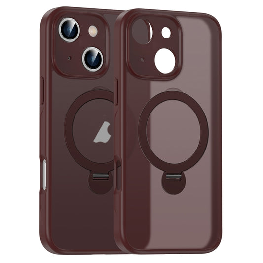 For iPhone 15 Matte Texture 360 Degree Rotary Tone Holder MagSafe Phone Case(Plum Red) - iPhone 15 Cases by buy2fix | Online Shopping UK | buy2fix