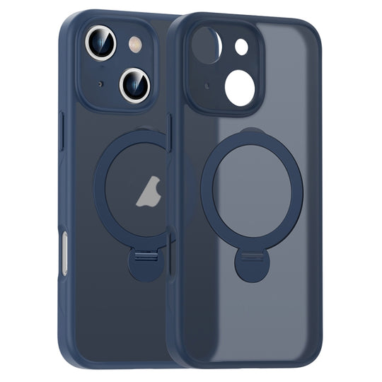 For iPhone 15 Matte Texture 360 Degree Rotary Tone Holder MagSafe Phone Case(Dark Blue)