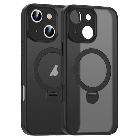 For iPhone 15 Matte Texture 360 Degree Rotary Tone Holder MagSafe Phone Case(Black) - iPhone 15 Cases by buy2fix | Online Shopping UK | buy2fix