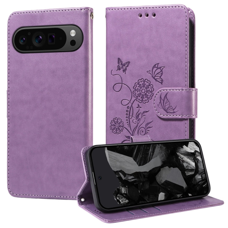 For Google Pixel 9 Pro XL Embossed Butterfly Flowers Leather Phone Case(Purple) by buy2fix