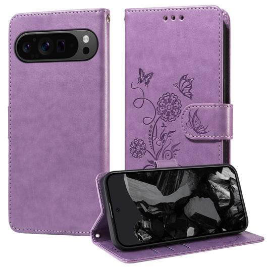 For Google Pixel 9 Pro XL Embossed Butterfly Flowers Leather Phone Case(Purple) by buy2fix