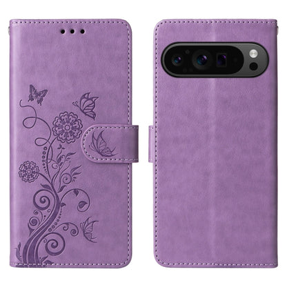 For Google Pixel 9 Pro XL Embossed Butterfly Flowers Leather Phone Case(Purple) by buy2fix