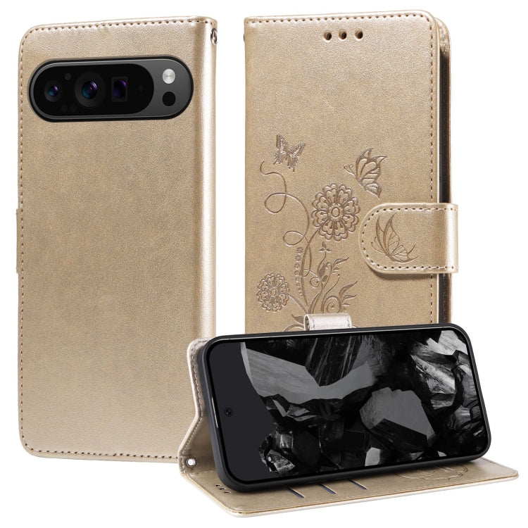 For Google Pixel 9 Pro XL Embossed Butterfly Flowers Leather Phone Case(Gold) by buy2fix