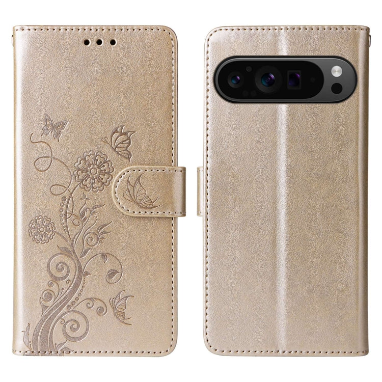 For Google Pixel 9 Pro XL Embossed Butterfly Flowers Leather Phone Case(Gold) by buy2fix