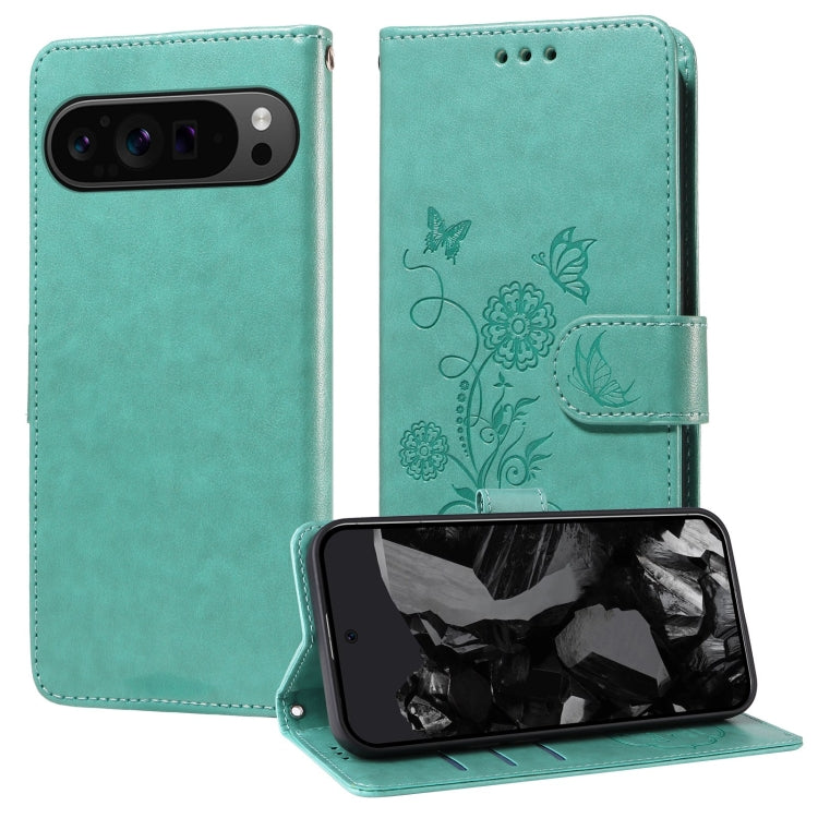 For Google Pixel 9 Pro XL Embossed Butterfly Flowers Leather Phone Case(Green) by buy2fix