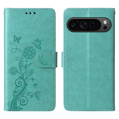 For Google Pixel 9 Pro XL Embossed Butterfly Flowers Leather Phone Case(Green) by buy2fix