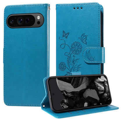 For Google Pixel 9 Pro XL Embossed Butterfly Flowers Leather Phone Case(Blue) by buy2fix