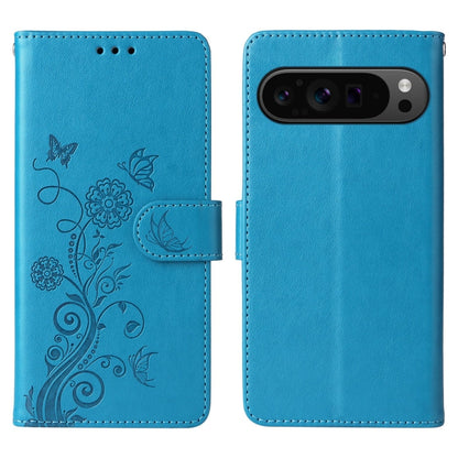 For Google Pixel 9 Pro XL Embossed Butterfly Flowers Leather Phone Case(Blue) by buy2fix