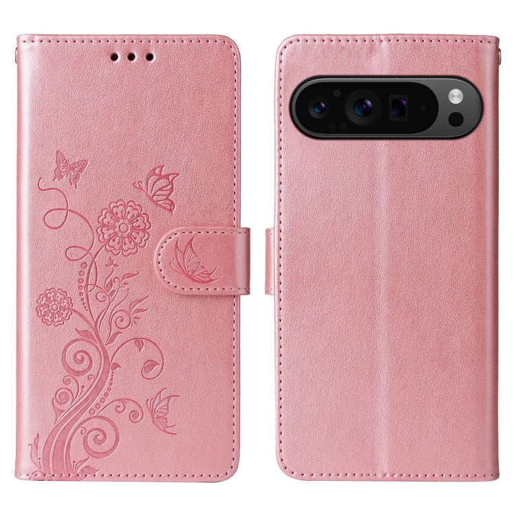 For Google Pixel 9 Pro XL Embossed Butterfly Flowers Leather Phone Case(Rose Gold) by buy2fix