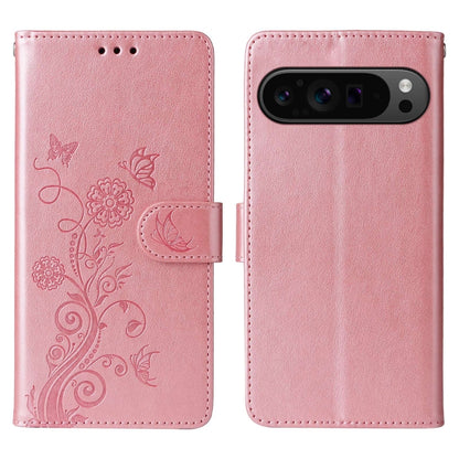 For Google Pixel 9 Pro XL Embossed Butterfly Flowers Leather Phone Case(Rose Gold) by buy2fix