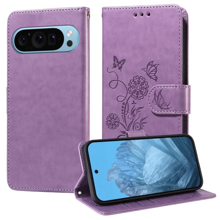 For Google Pixel 9 / 9 Pro Embossed Butterfly Flowers Leather Phone Case(Purple) by buy2fix