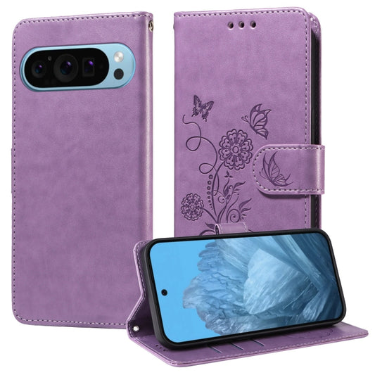 For Google Pixel 9 / 9 Pro Embossed Butterfly Flowers Leather Phone Case(Purple) by buy2fix