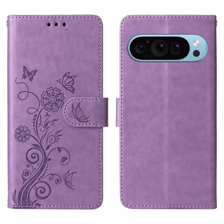 For Google Pixel 9 / 9 Pro Embossed Butterfly Flowers Leather Phone Case(Purple) by buy2fix