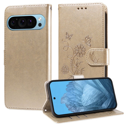 For Google Pixel 9 / 9 Pro Embossed Butterfly Flowers Leather Phone Case(Gold) by buy2fix
