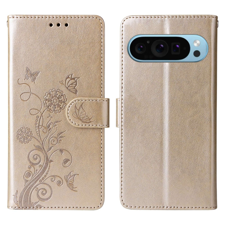 For Google Pixel 9 / 9 Pro Embossed Butterfly Flowers Leather Phone Case(Gold) by buy2fix