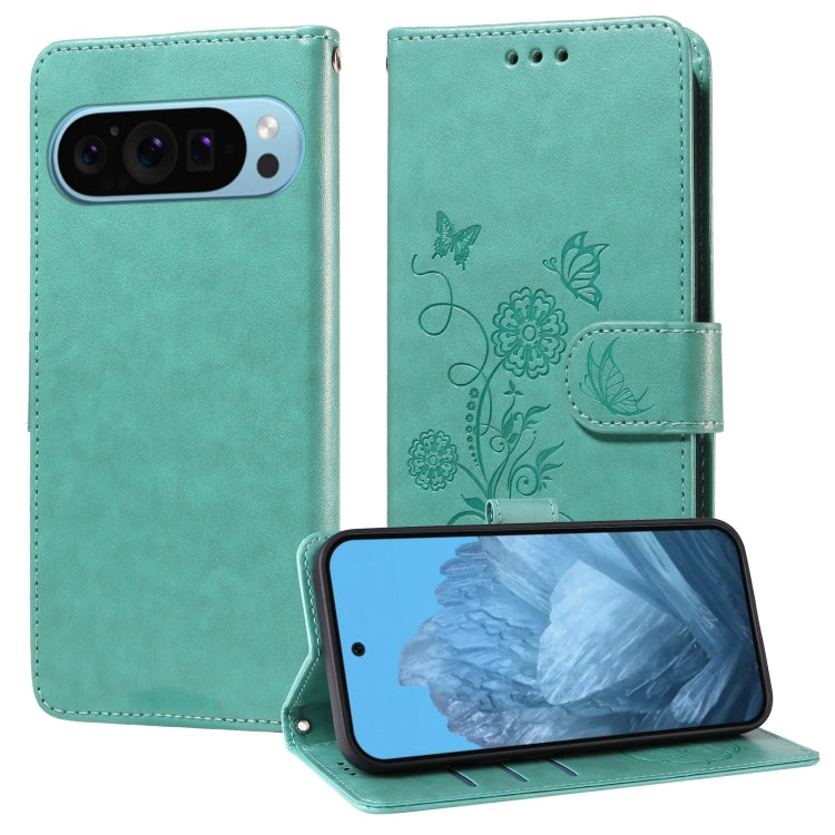For Google Pixel 9 / 9 Pro Embossed Butterfly Flowers Leather Phone Case(Green) by buy2fix
