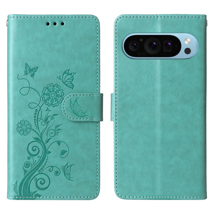 For Google Pixel 9 / 9 Pro Embossed Butterfly Flowers Leather Phone Case(Green) by buy2fix