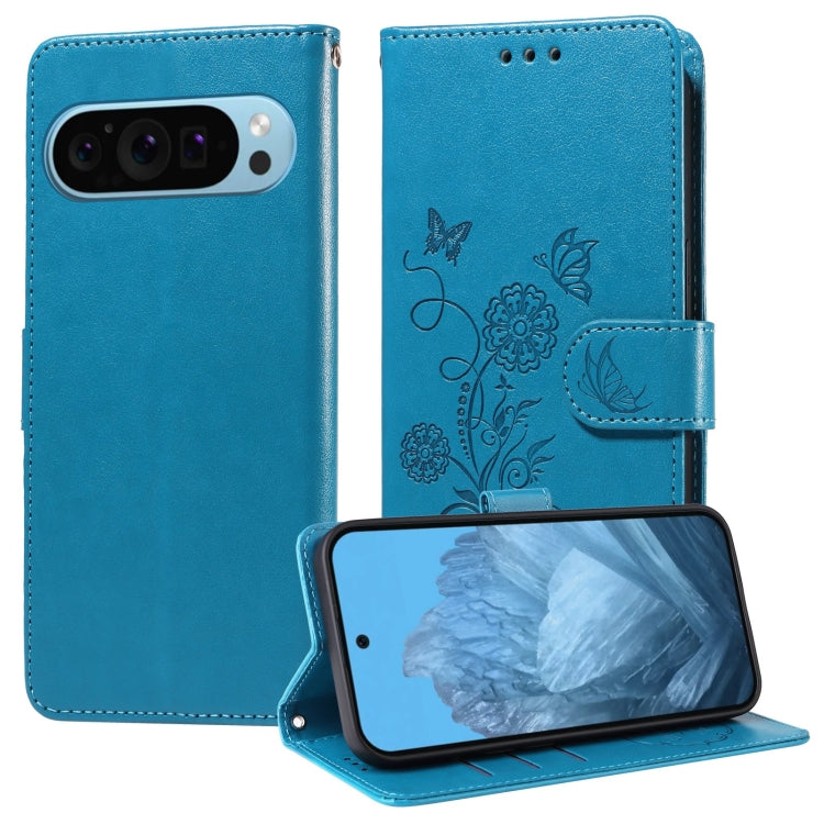 For Google Pixel 9 / 9 Pro Embossed Butterfly Flowers Leather Phone Case(Blue) by buy2fix