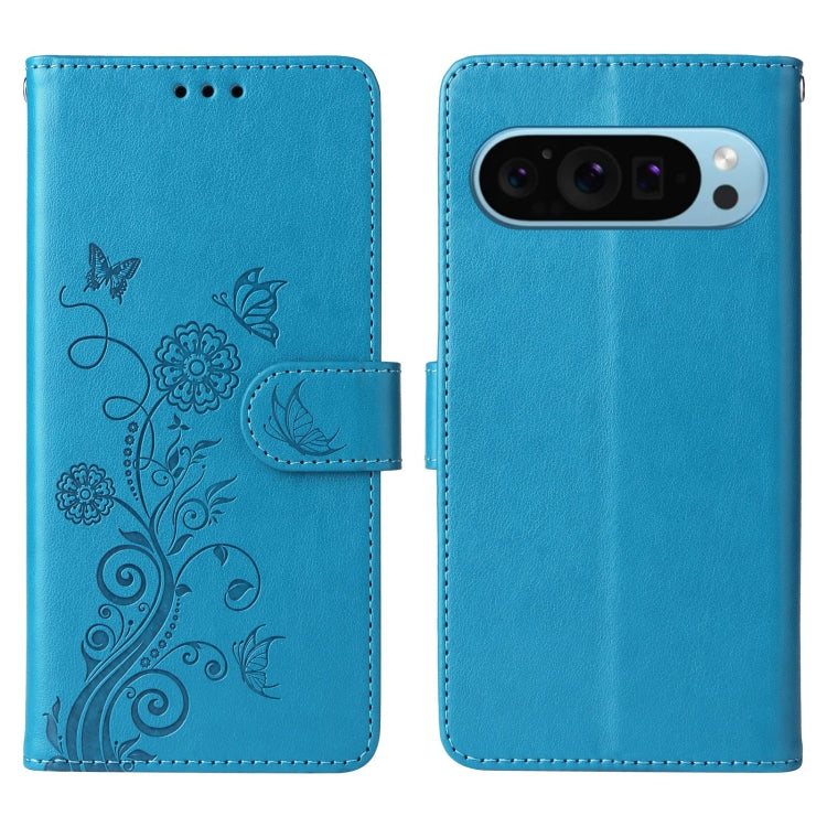For Google Pixel 9 / 9 Pro Embossed Butterfly Flowers Leather Phone Case(Blue) by buy2fix