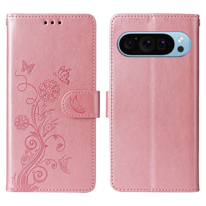 For Google Pixel 9 / 9 Pro Embossed Butterfly Flowers Leather Phone Case(Rose Gold) by buy2fix