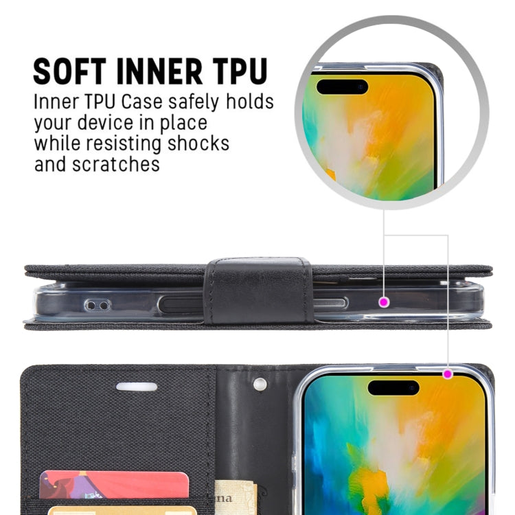 For iPhone 16 Pro GOOSPERY CANVAS DIARY Fabric Texture Flip Leather Phone Case(Black) by GOOSPERY