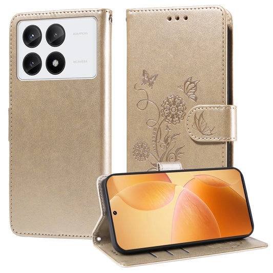 For Redmi K70 / K70 Pro Embossed Butterfly Flowers Leather Phone Case(Gold) - Xiaomi Cases by buy2fix | Online Shopping UK | buy2fix