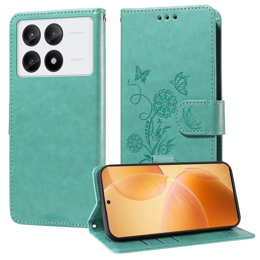 For Redmi K70 / K70 Pro Embossed Butterfly Flowers Leather Phone Case(Green) - Xiaomi Cases by buy2fix | Online Shopping UK | buy2fix