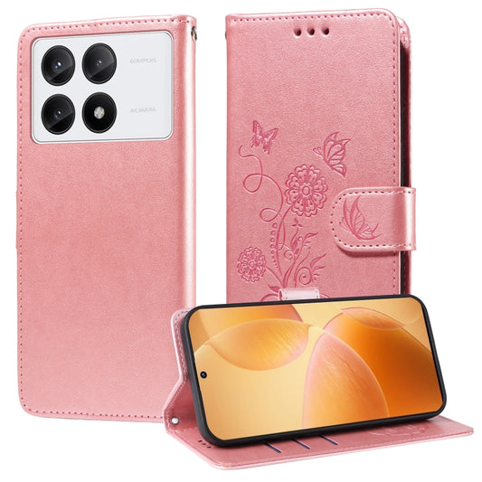 For Redmi K70 / K70 Pro Embossed Butterfly Flowers Leather Phone Case(Rose Gold) - Xiaomi Cases by buy2fix | Online Shopping UK | buy2fix