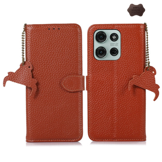 For Motorola Moto G75 5G Genuine Leather Litchi Texture RFID Leather Phone Case(Coffee) - Motorola Cases by buy2fix | Online Shopping UK | buy2fix