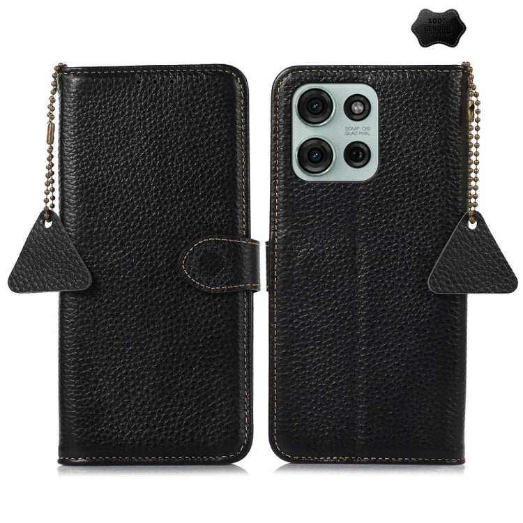 For Motorola Moto G75 5G Genuine Leather Litchi Texture RFID Leather Phone Case(Black) - Motorola Cases by buy2fix | Online Shopping UK | buy2fix