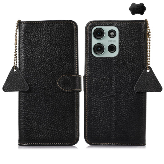 For Motorola Moto G75 5G Genuine Leather Litchi Texture RFID Leather Phone Case(Black) - Motorola Cases by buy2fix | Online Shopping UK | buy2fix