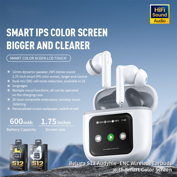 WEKOME Beluga S12 Audyhle ENC Noise Reduction Wireless Earphones with Smart Color Screen(White) - Bluetooth Earphone by WK | Online Shopping UK | buy2fix