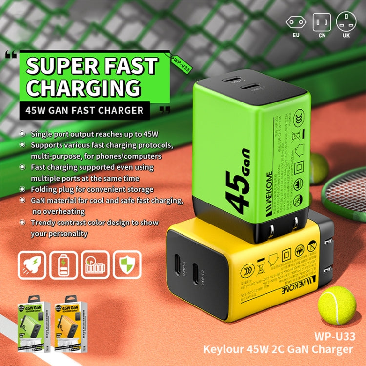 WK WP-U33 45W USB-C / Type-Cx2 GaN Fast Charger, Plug Type:UK Plug(Yellow) - USB Charger by WK | Online Shopping UK | buy2fix