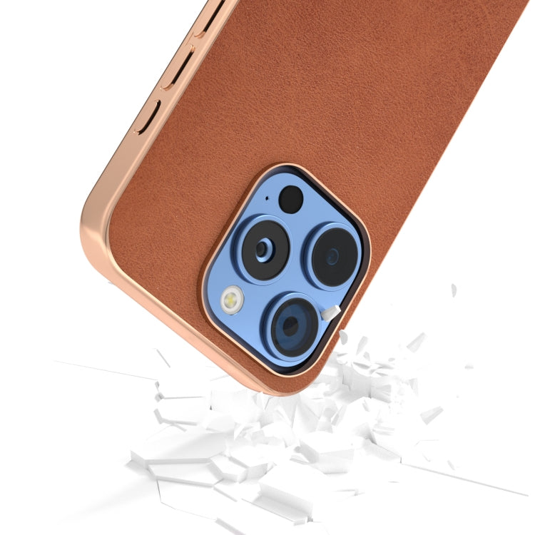 For iPhone 16 Pro Max Nano Electroplating Dual Color Cowhide Texture Protective Phone Case(Brown) by buy2fix