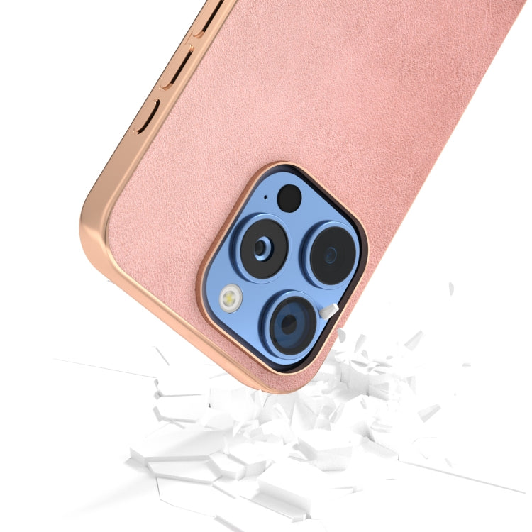 For iPhone 16 Pro Nano Electroplating Dual Color Cowhide Texture Protective Phone Case(Rose Gold) by buy2fix