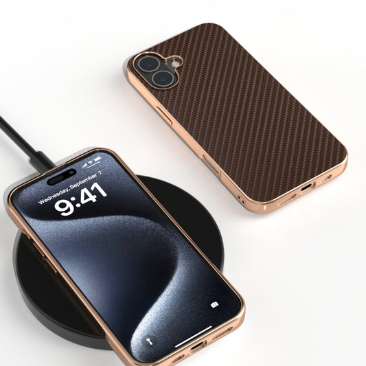 For iPhone 16 Plus Nano Electroplating Carbon Fiber Texture Phone Case(Dark Brown) - iPhone 16 Plus Cases by buy2fix | Online Shopping UK | buy2fix