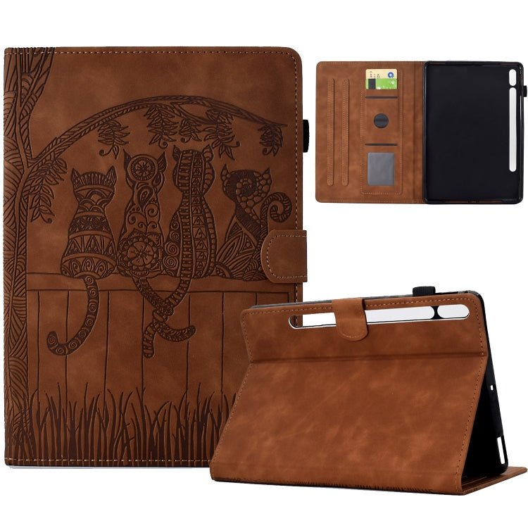 For Samsung Galaxy Tab S8 / S7 Cats Embossed Leather Smart Tablet Case(Brown) by buy2fix