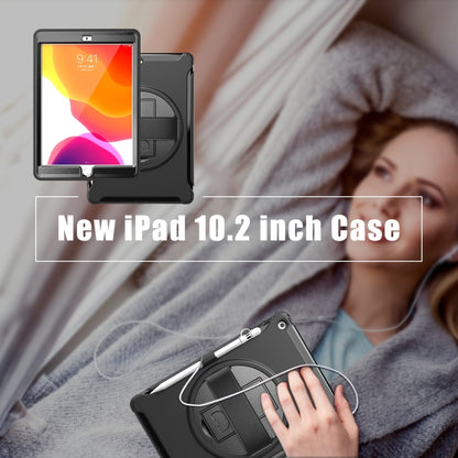 For iPad 10.2 360 Degree Rotation PC+TPU Protective Cover with Holder & Hand Strap & Pen Slot(Black) - iPad 10.2 Cases by buy2fix | Online Shopping UK | buy2fix