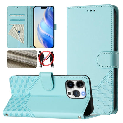 For iPhone 16 Pro Max Honeycomb Embossing RFID Leather Phone Case(Mint Green) by buy2fix