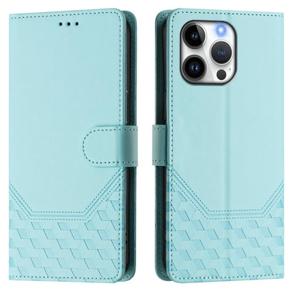 For iPhone 16 Pro Max Honeycomb Embossing RFID Leather Phone Case(Mint Green) by buy2fix