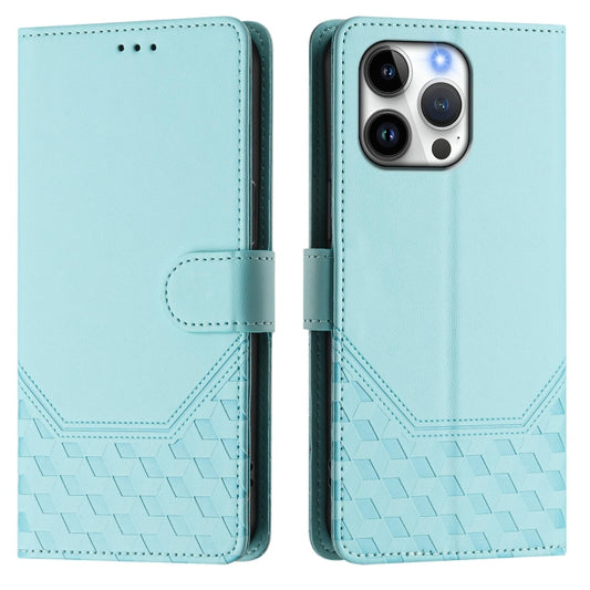 For iPhone 16 Pro Max Honeycomb Embossing RFID Leather Phone Case(Mint Green) by buy2fix
