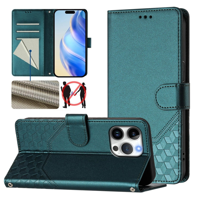 For iPhone 16 Pro Honeycomb Embossing RFID Leather Phone Case(Peacock Green) by buy2fix